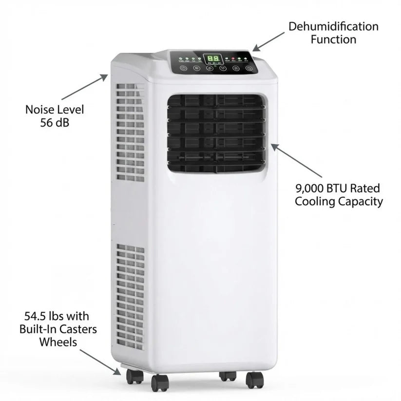 9000 BTU Portable Air Conditioner with Built-in Dehumidifier and Remote Control